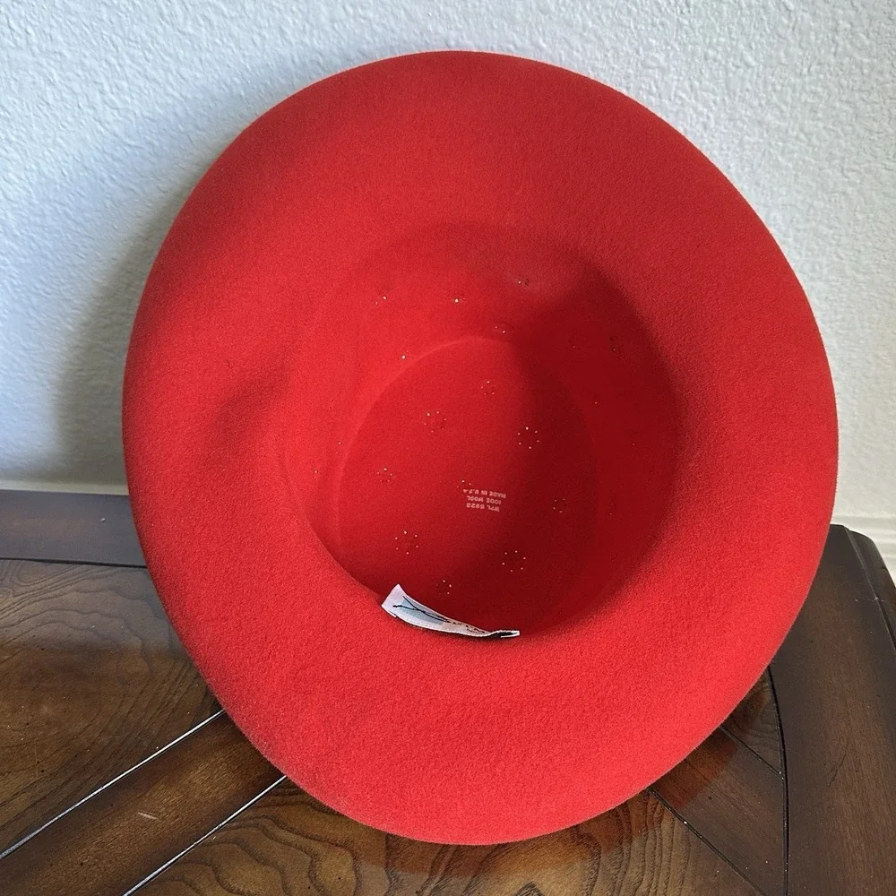 VTG Betmar NY Red Wool Hat 22 Inch Small Gold Stud Fedora Wide Brim USA LiteFelt